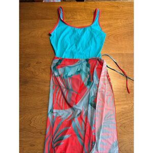Bali Studio Women's One Piece Swimsuit Cover Skirt Set Teal Red Orange Medium/14